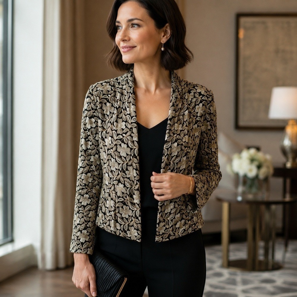 Anne Klein Carlyle Embroidered Silk Lined Open Front Jacket NWT Size 2